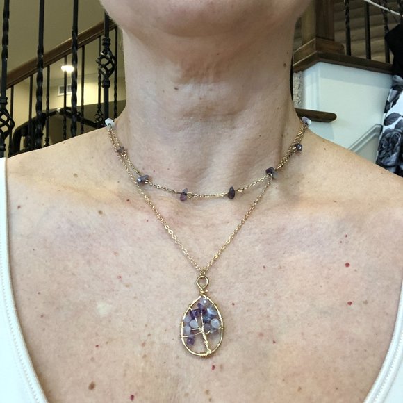Jewelry - Gold Plated Purple Gem Tree Pendant Necklace with Multi Purple Gem Stones Choker